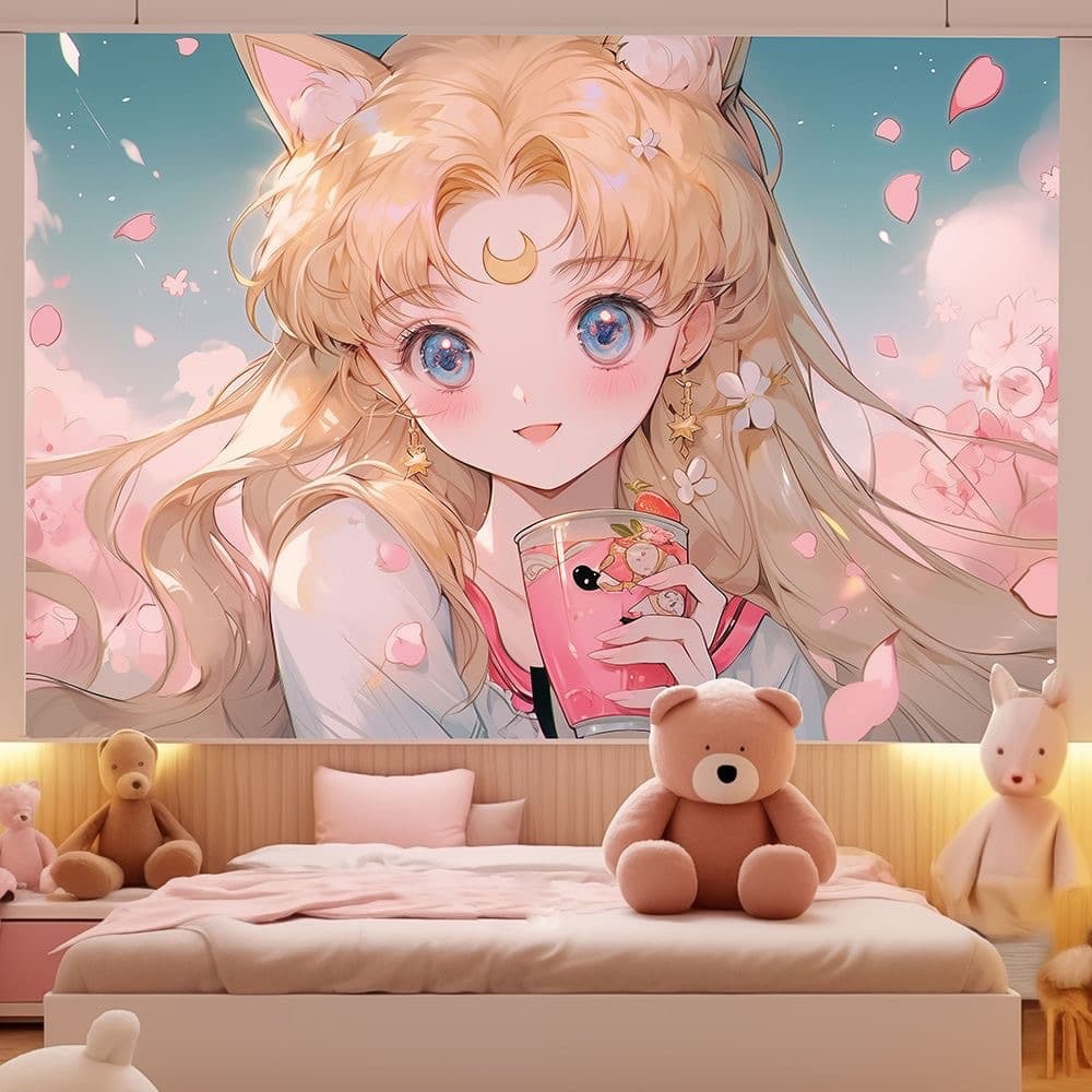 Beautiful girl illustration ins style girly heart cute live broadcast decorative background cloth room dormitory renovation hanging cloth wall cloth