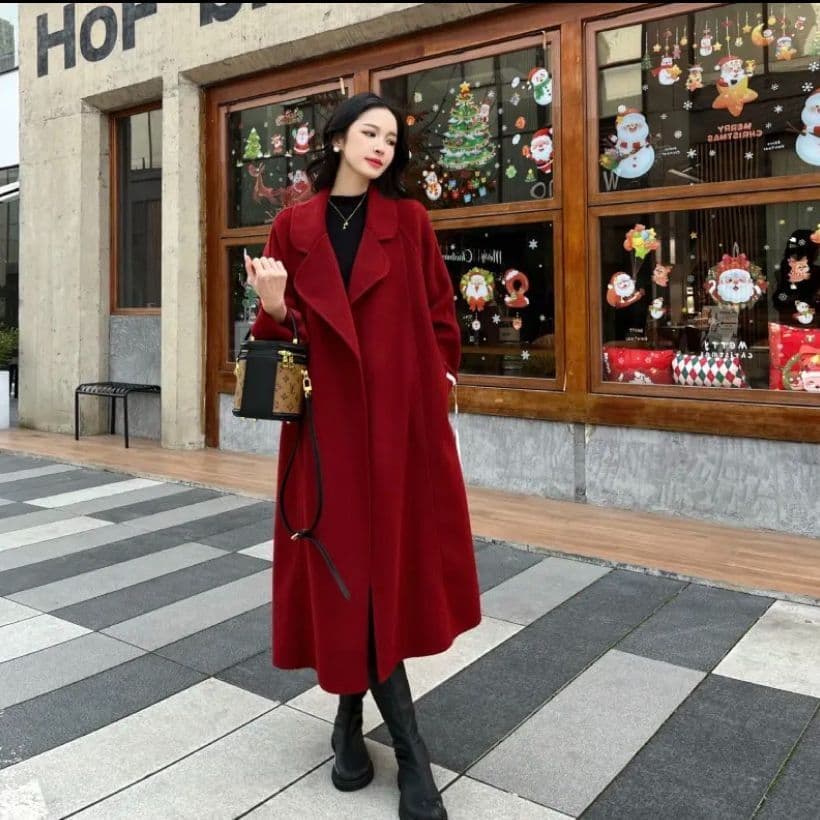 Off-season spot autumn and winter new double-sided velvet coat women's lace-up mid-length woolen coat warm knee-high suit collar