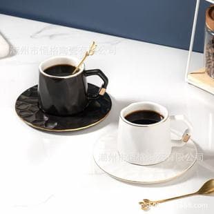 Simple Ceramic Coffee Cup Saucer Set, Modern Creative Cup, High-end Water Cup with Gold Rim, Saucer and Spoon, Personalized Gift