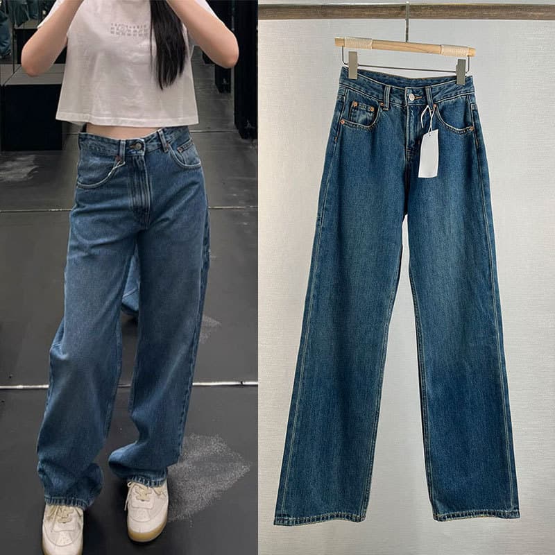 Factory direct supply to European and American M6 spliced straight denim floor-length trousers for women, high-waisted, loose, slim and versatile for all seasons