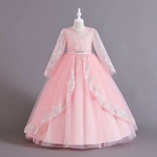 New Foreign Trade Long Sleeve Sequin Lace Children's Princess Dress Flower Girl Christmas Dress Girl Dress
