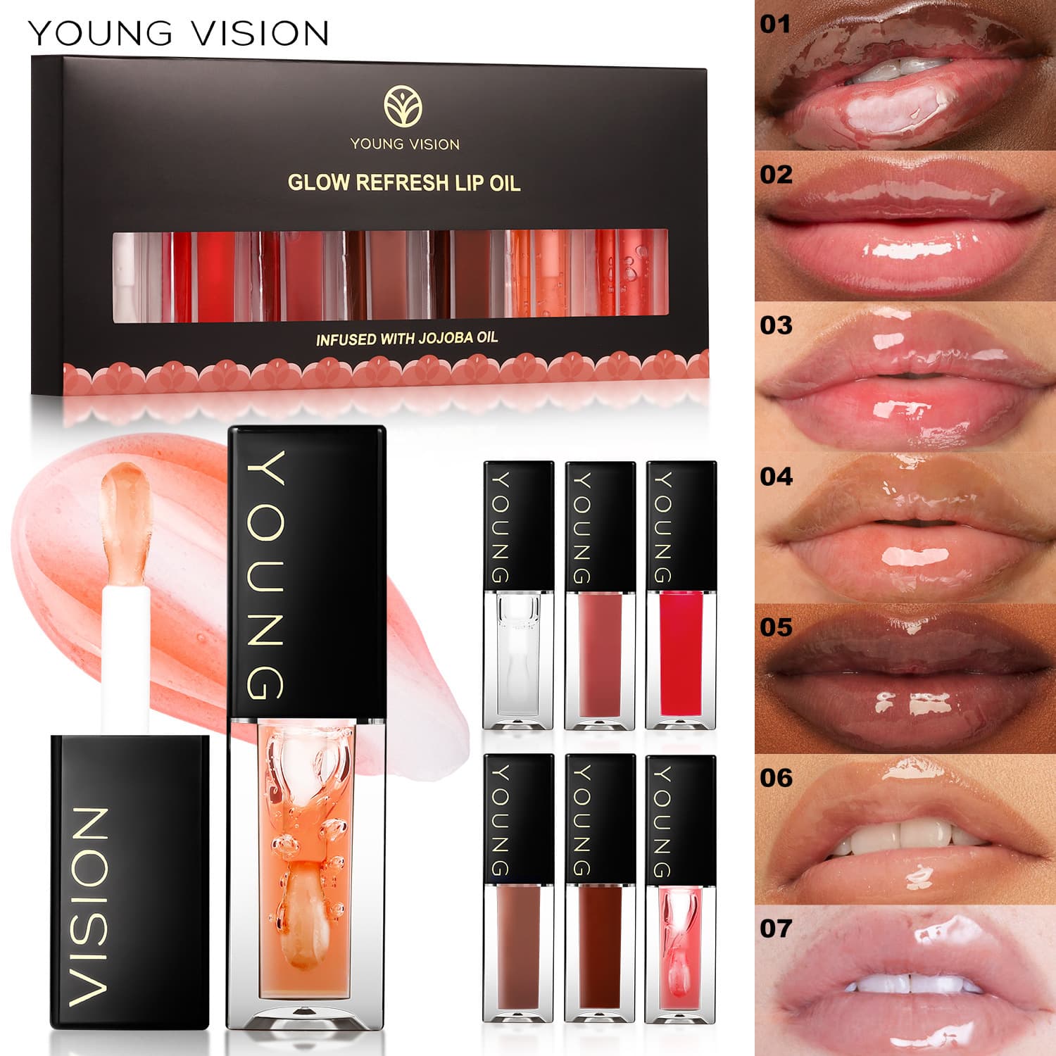 YOUNG VISION 7-color mirror lip oil set, pouty lip liquid lipstick, moisturizing and repairing lip gloss
