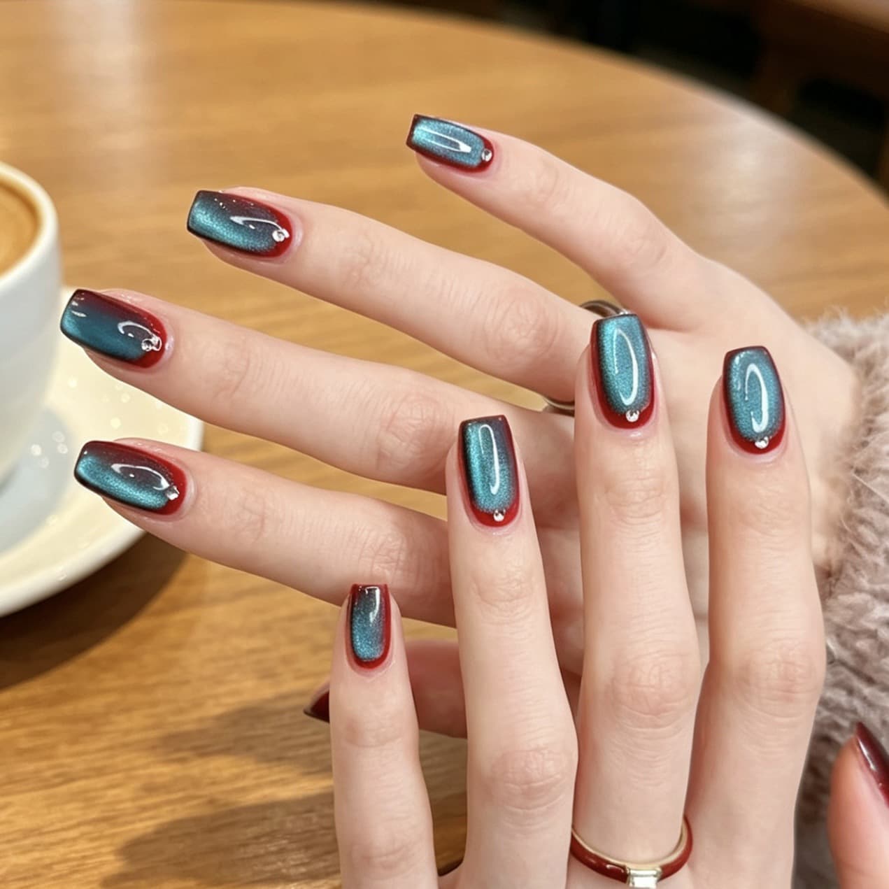 Mirror Lake Blue Cat Eye Wine Red Ombre Press-On Nails, Delicate Rhinestone Light Luxury Style, Fall Winter Versatile Ready-Made Nails