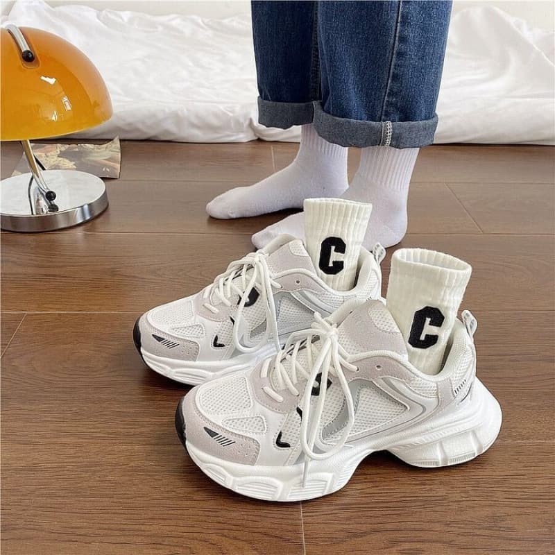 Spring Versatile Thick-Soled Student White Shoes, Mesh Breathable Women's Casual Sneakers, Korean Style Dad Shoes