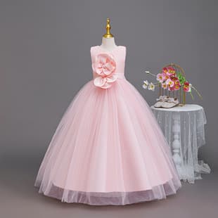 Children's Princess Dress, Long Flower Bow Tutu Dress for Girls, Host Wedding Gown for Older Kids