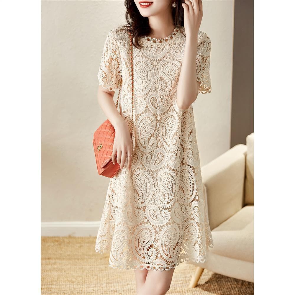 Lace Dress for Women Summer New Fashionable Elegant Petite Slimming Short Sleeve French Style Dress Mature Fairy