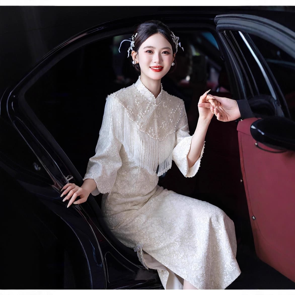 New Chinese-style Cheongsam Wedding Toast Dress High-end Champagne Bride Engagement Dress Long Sleeve Autumn Wedding Return Home Casual Wear