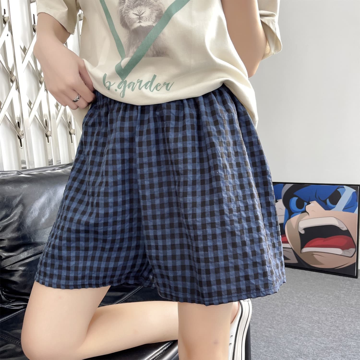 Summer Embrace Casual Shorts for Women, Ins Style High-Waist Slimming Wide-Leg Plaid Loungewear Pajama Pants
