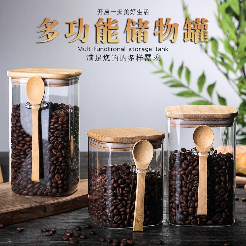 Airtight Sealed Storage Jar for Grains and Cereals, Moisture-Proof Square Container with Bamboo Lid and Wooden Spoon