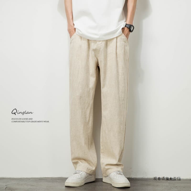 Linen Cotton Pants for Men Loose Straight Wide Leg Droopy Long Pants Summer Thin Breathable Apricot Linen Casual Trousers