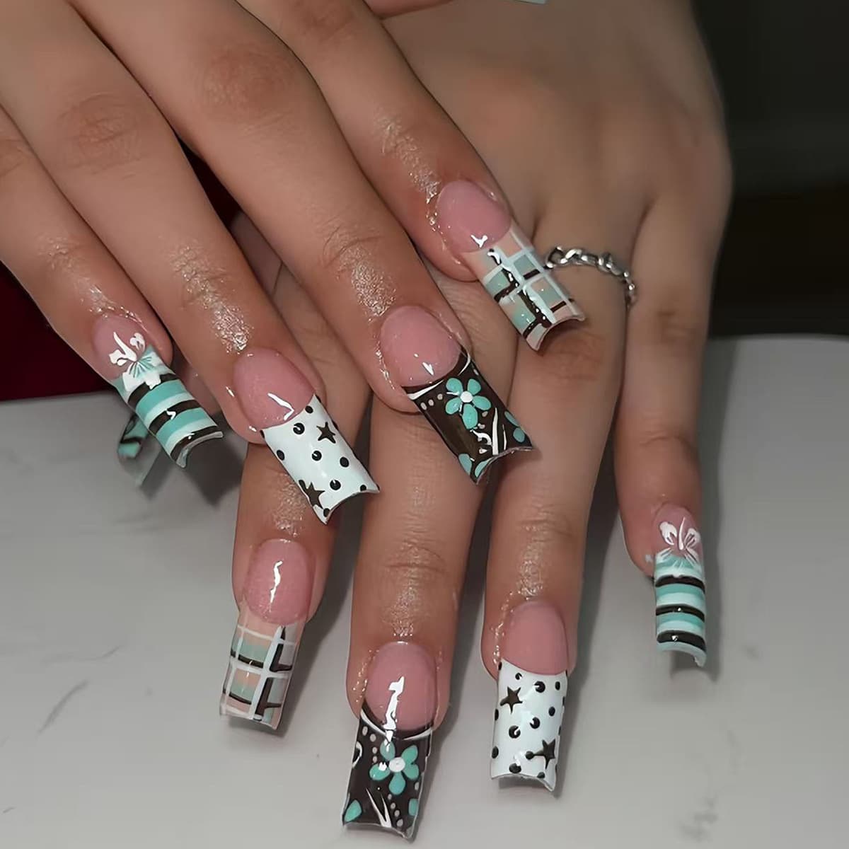 2yk Long Square Cross-Border Press On Nails French Star Polka Dot Plaid Press On Nails Tips