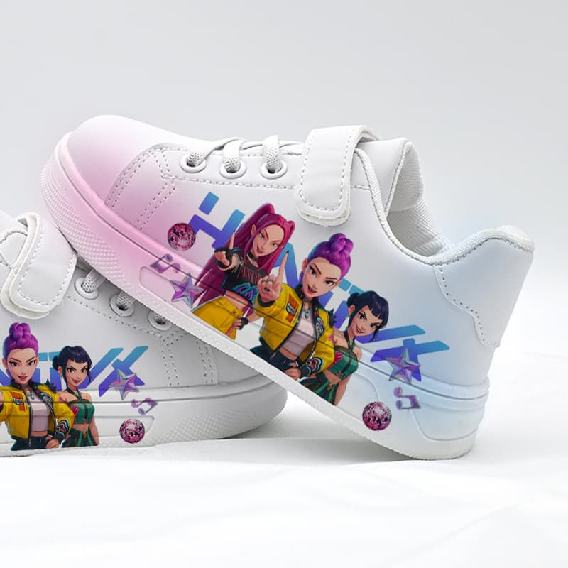 Foreign trade KPOP Demon Hunter Girl Group UV printed children's sneakers, three sisters Velcro white shoes, girls' trendy cartoon shoes