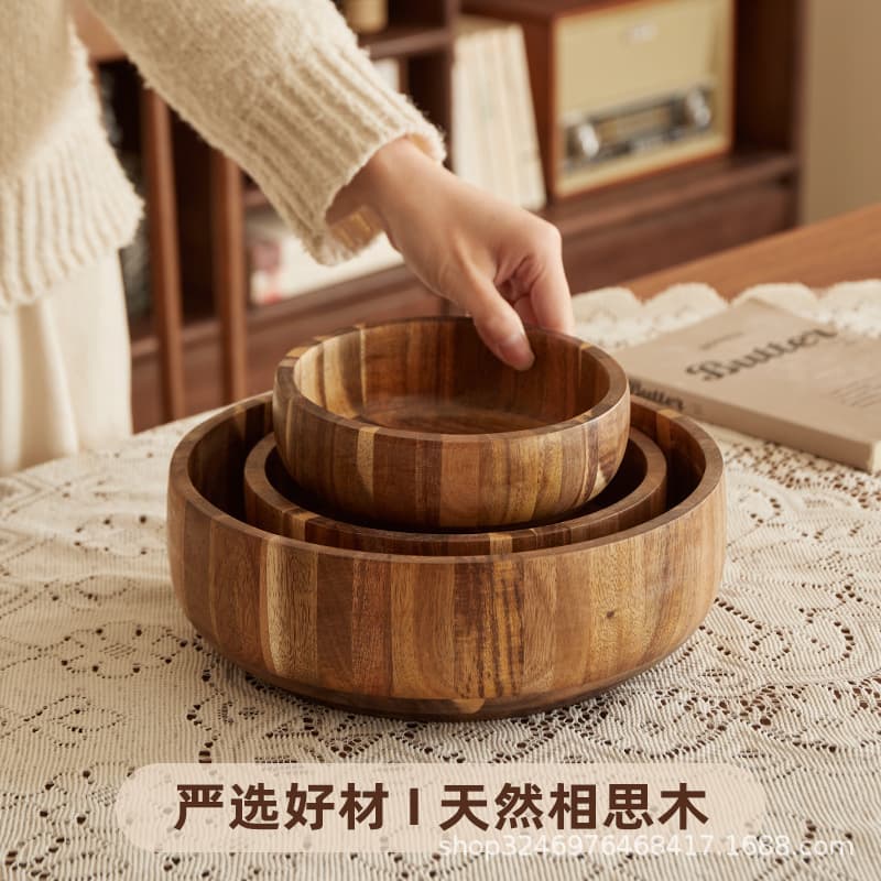 Acacia Wood Bowl Household Solid Wood Salad Bowl Fruit Plate Japanese Style Wooden Bowl Large Instant Noodle Bowl Soup Bowl Tableware