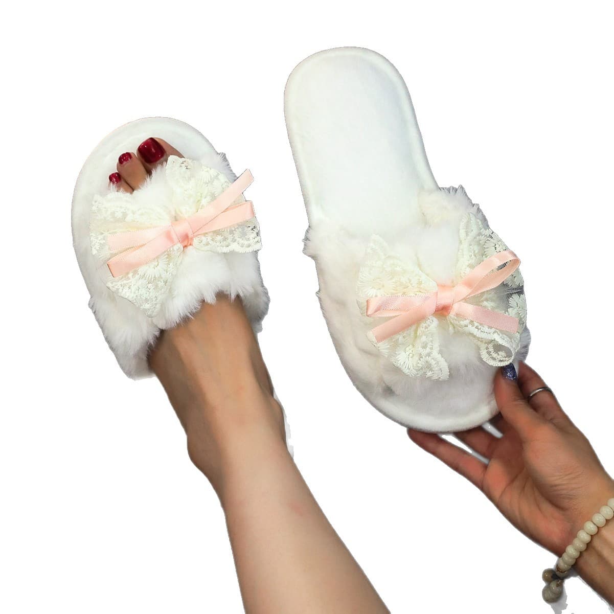 Cross-border Open-Toe Fuzzy Slippers with One-Strap Design, Home Comfort Skin-Friendly Non-Slip Quiet Indoor-Outdoor Cotton Sweet Large Bow for Women