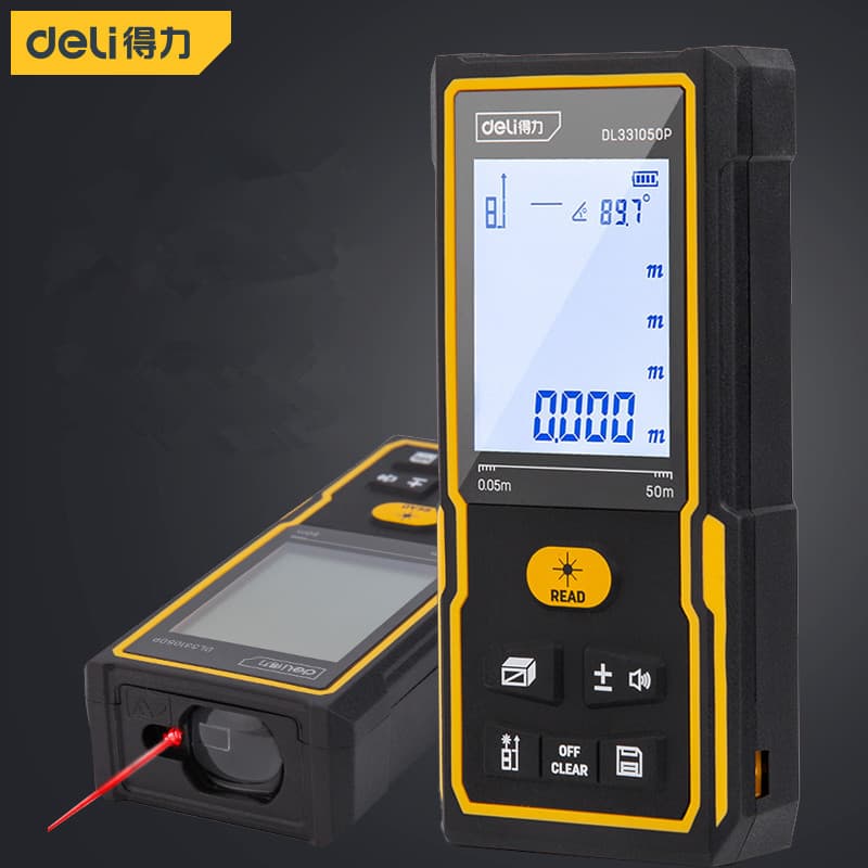 Deli Tools Handheld Laser Distance Meter Infrared Measuring Device for Indoor Room Measurement, Long-Range Distance Measurement