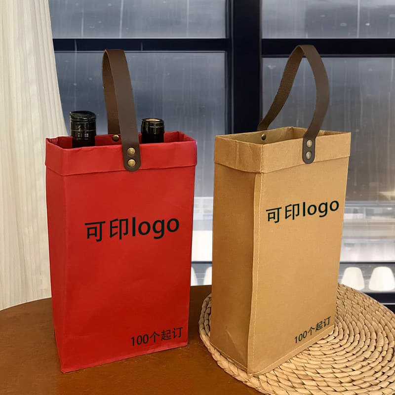 Simple Washed Kraft Paper Red Wine Bag Champagne Sparkling Wine Packaging Bag Gift Tote Bag Cross-Border Hot Seller