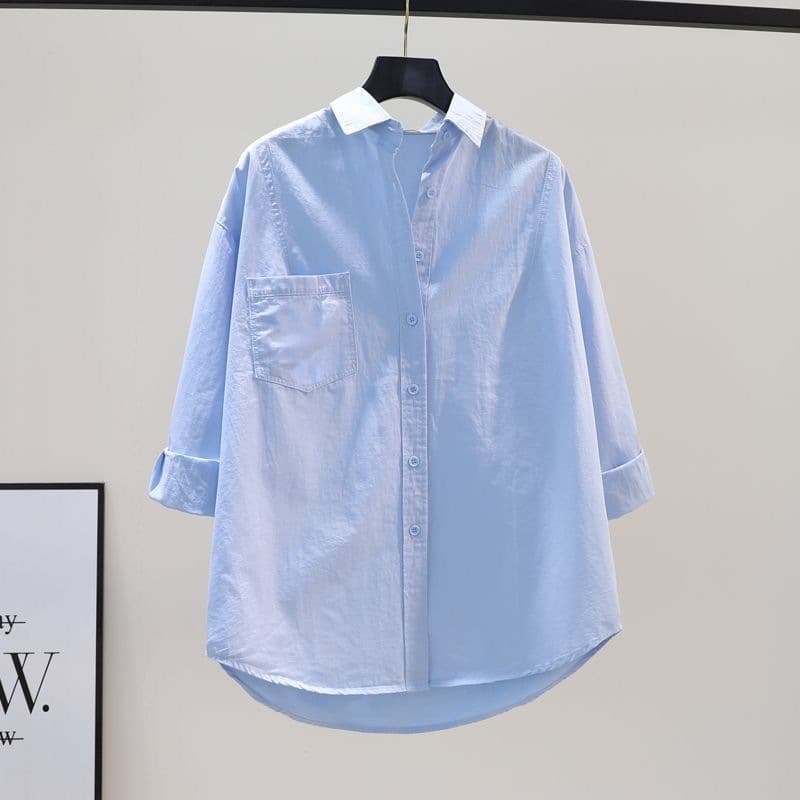 Single Pocket Blue Shirt Women Loose Long Sleeve Blouse 2026 Spring Summer Artistic Cotton Top Undershirt Fashion