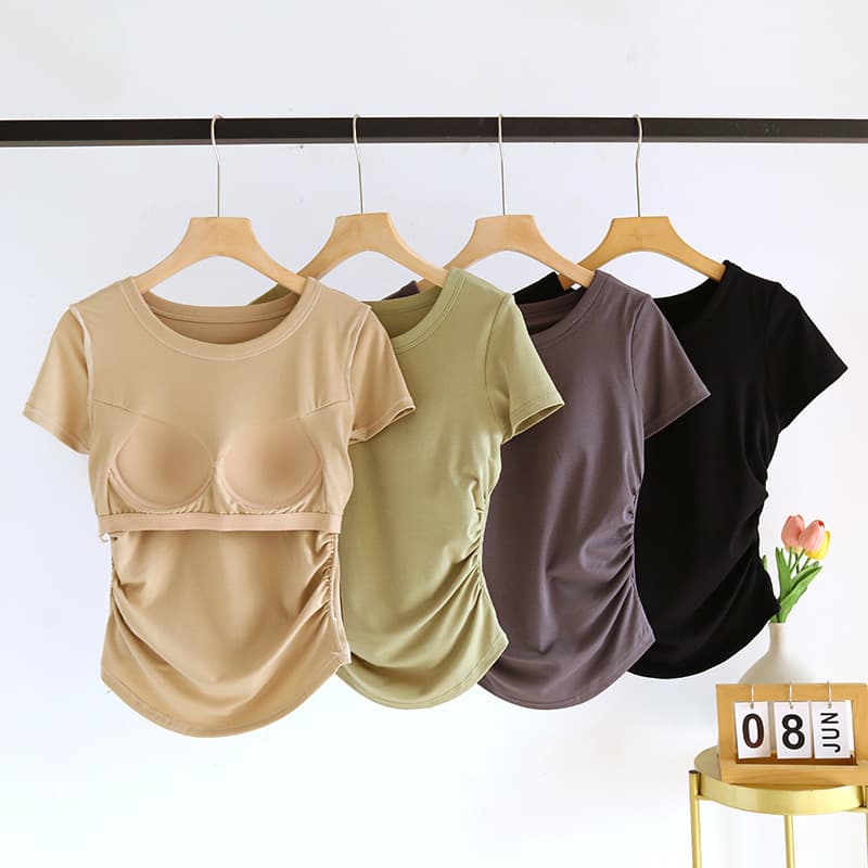 Women's short-sleeved t-shirt with padded breasts, round neck, swallowtail hem, base layer, no need to wear a bra, slimming underwear