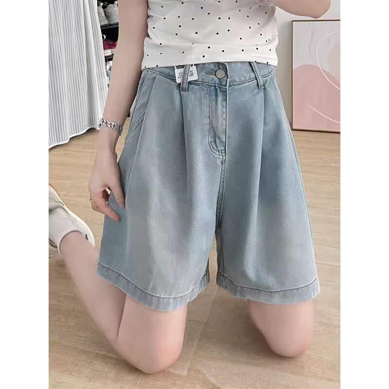 Tencel five-point jeans women's summer thin 2025 new high-waisted ice silk loose wide-leg shorts for small people