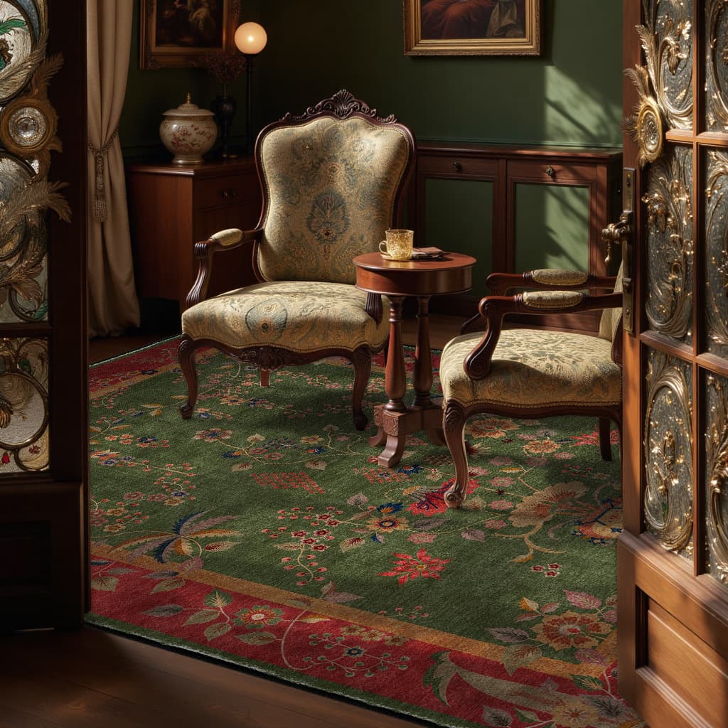 Cross-border Drop Shipping Vintage New Chinese Style Floral Red Frame Green Living Room Bedroom Non-slip Rug Mat