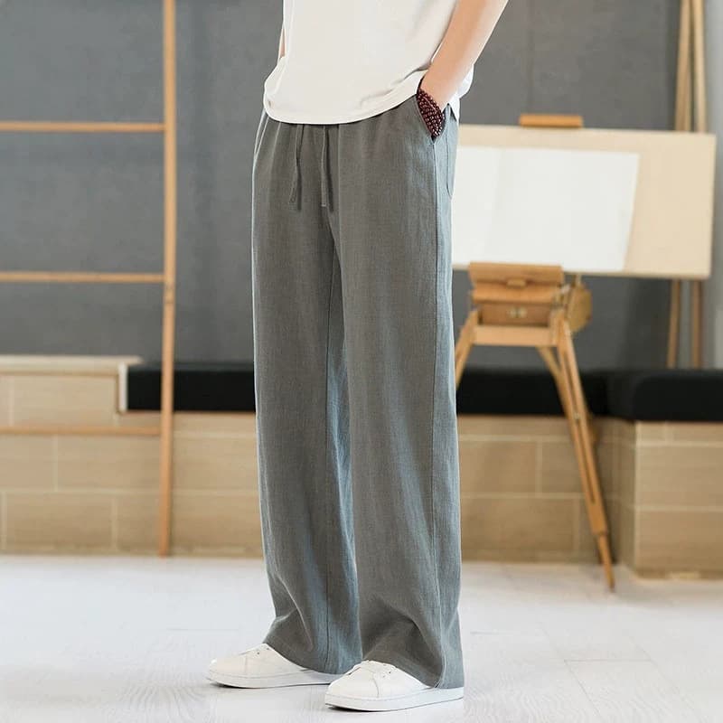 Men's Linen Casual Pants Summer Thin Cotton Linen Straight Loose Wide Leg Pants Plus Size Casual Trousers