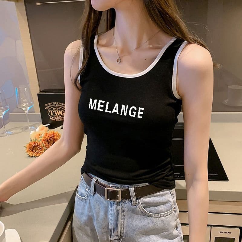 Contrast Color Sling Sports Vest with Chest Pad Letter Print Base Tube Top Women's Fashionable Versatile Base Top
