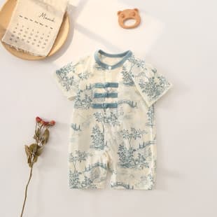 Baby Summer Chinese Style Cotton Short Sleeve Bodysuit for Boys and Girls, Newborn Thin Summer Romper Crawling Suit