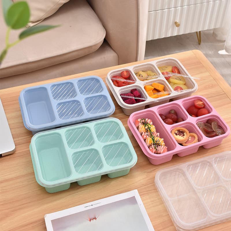 Five-Compartment Wheat Straw Snack Box, Divided Dessert Fruit Tray, Candy Nut Dried Fruit Tray, Bento Lunch Box Wholesale