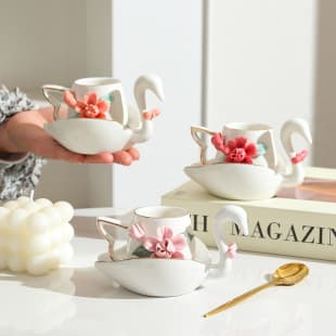 Creative Ceramic Hand-Pinched Flower Swan Coffee Cup & Saucer Set, Cross-Border Espresso Afternoon Tea Coffee Cup, Home Ceramic Coffee Cup
