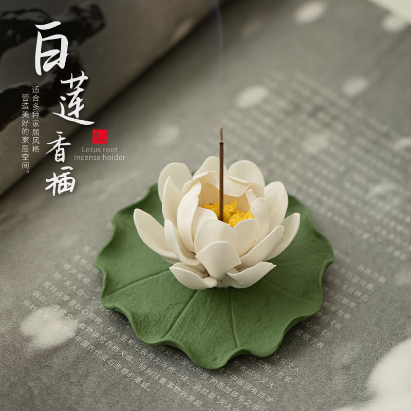 Creative Ceramic White Lotus Stick Incense Holder, Hand-pinched Flower Zen Ornament, Home Small Incense Base, Fragrance Burner