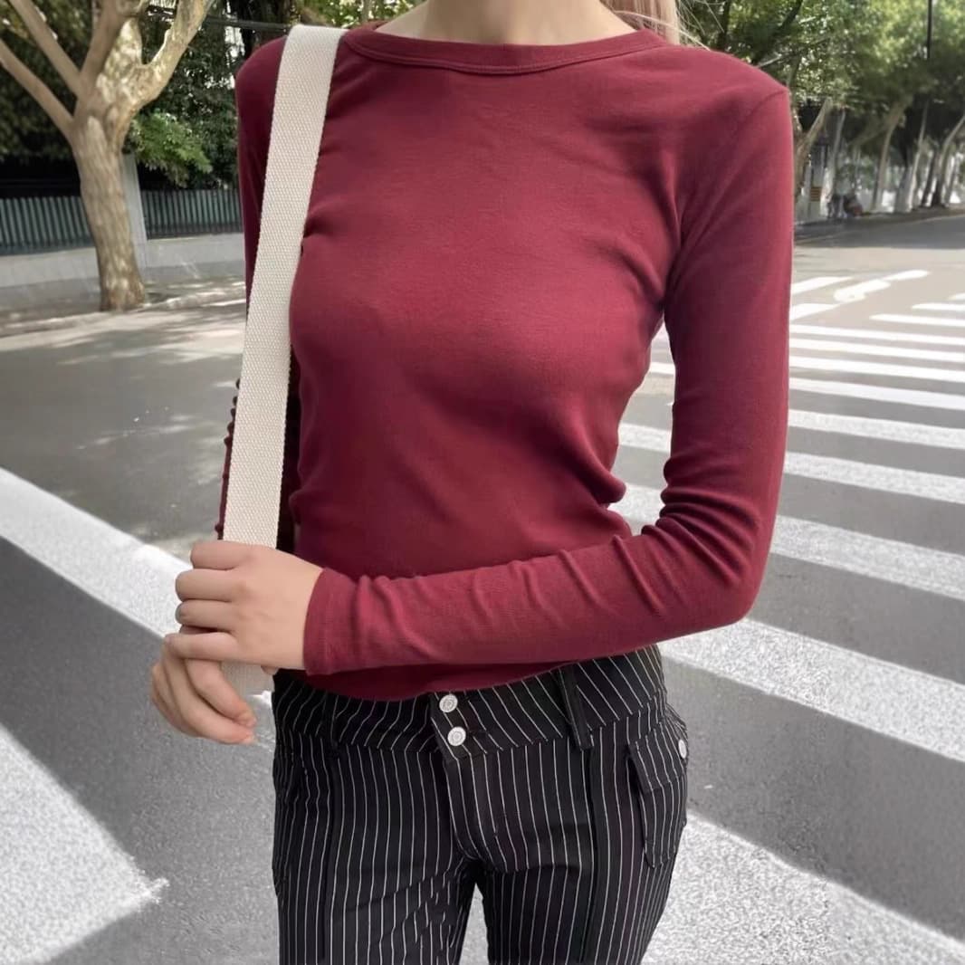 BM Style New Simple Round Neck Long Sleeve T-Shirt Women's BM Tight Fitting Basic Layering Top