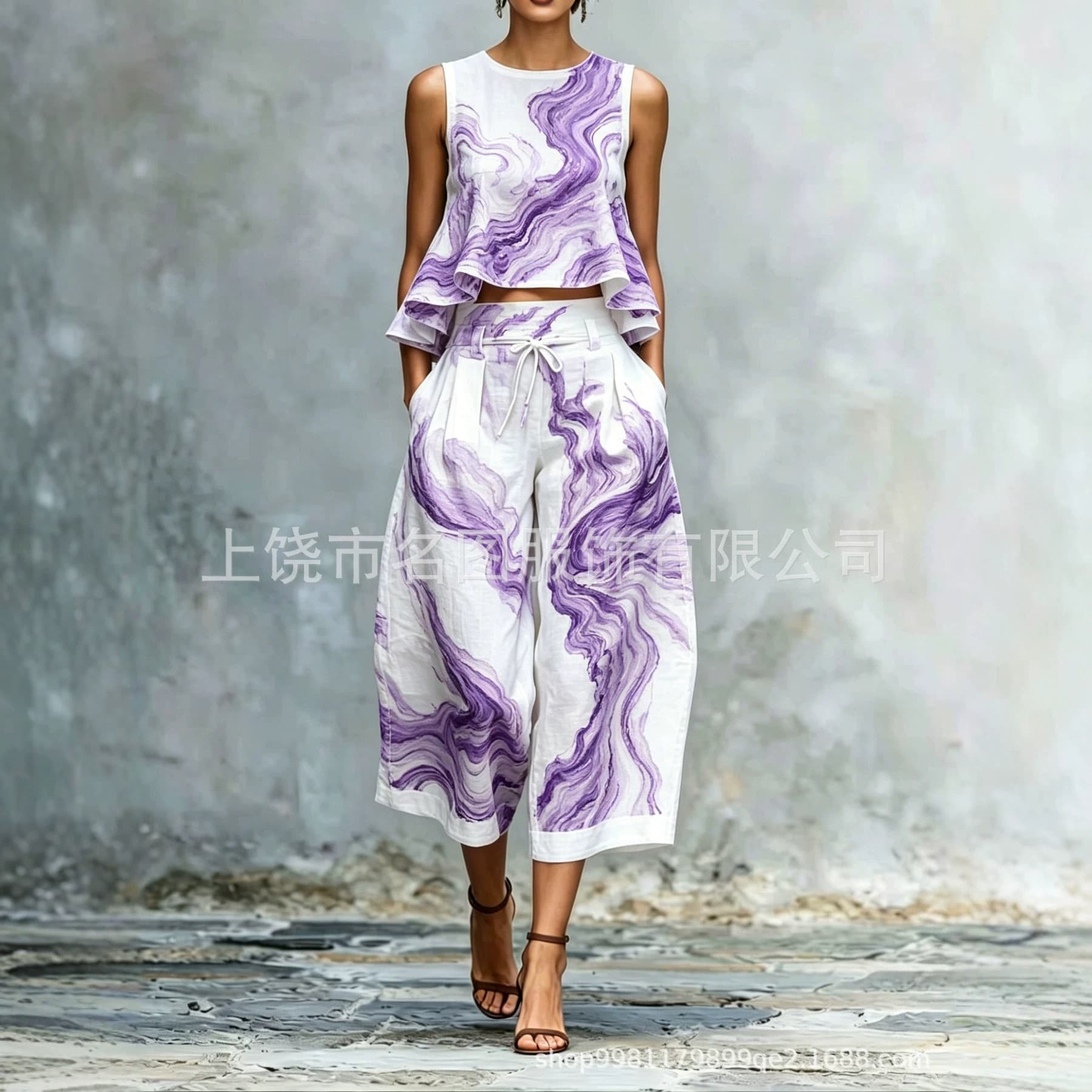 2026 Summer New European and American Vacation Style Printed Sleeveless Top and Wide-Leg Pants Set, Women's Casual Two-Piece Set