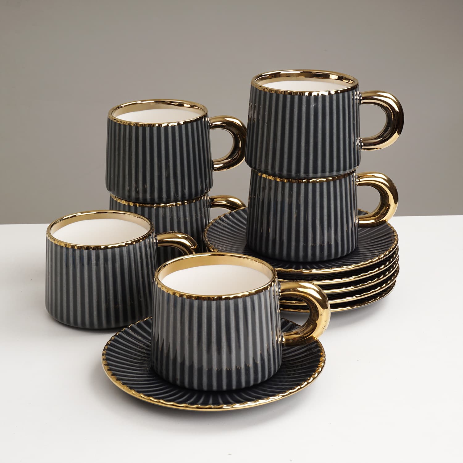 Premium Light Luxury Tableware Set with Vertical Grain Ceramic, Retro Coffee Cup, Saucer, Plate, and Bowl, European Style for Home Daily Use