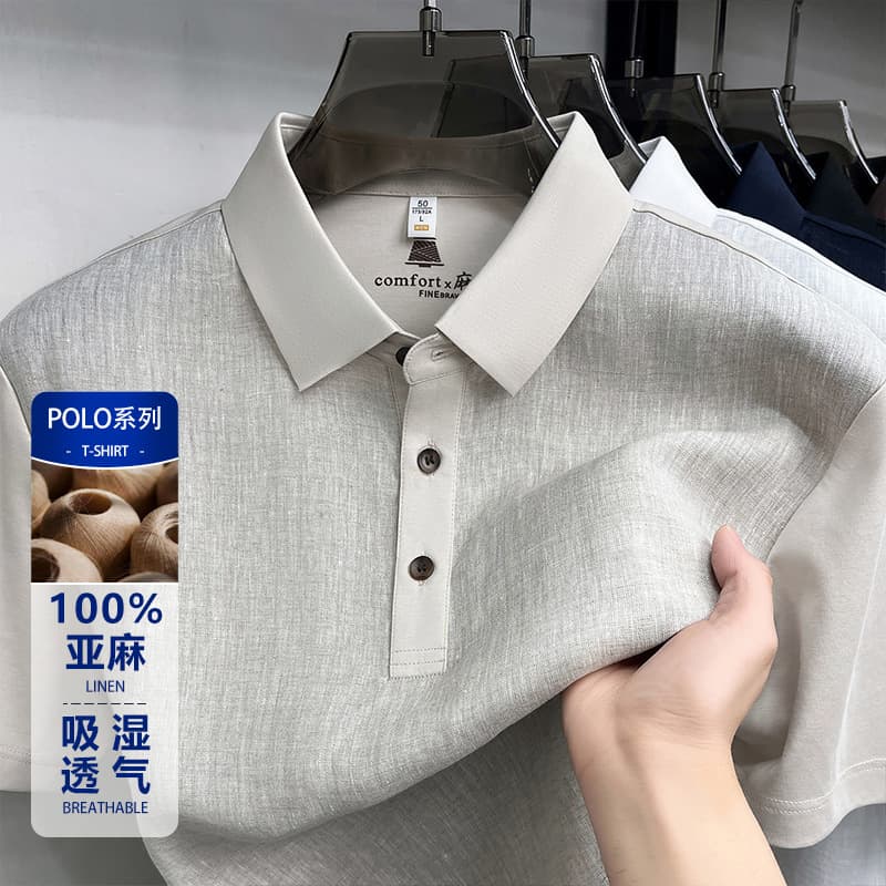100% Linen Short Sleeve Men's T-Shirt Middle-Aged Men's Casual Breathable Dad's Outfit Half-Sleeve Turn-Down Collar Tee Polo Shirt Men