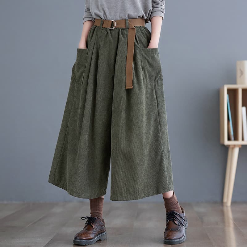 Actual photo of 2026 spring new corduroy skirt pants, elastic waist with belt, loose fit, slimming, cropped wide-leg pants for women