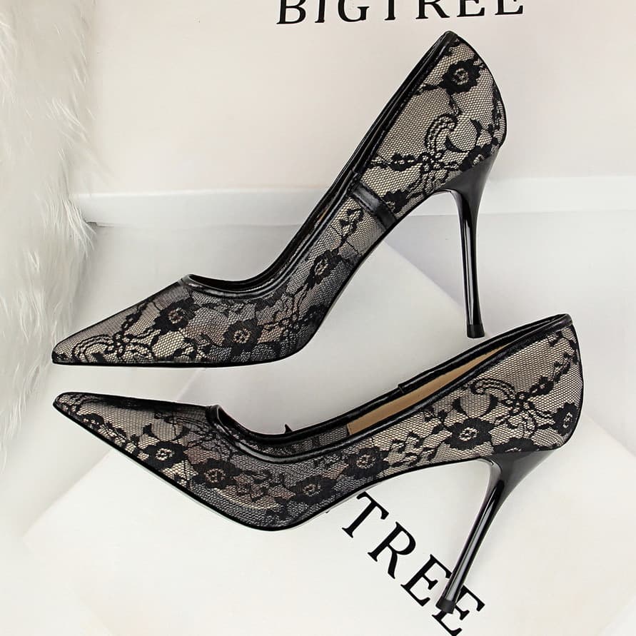 1853-1 European and American Sexy Slim High Heel Shoes for Women, Thin Heel, High Heel, Shallow Mouth, Pointed Toe, Mesh Hollow Lace Single Shoes