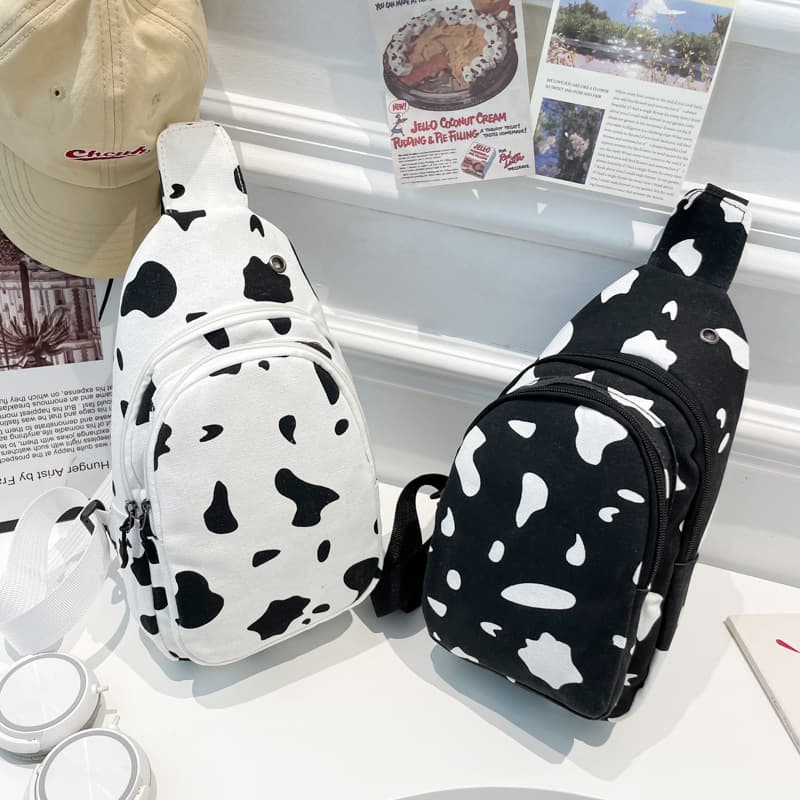 Popular Printed Canvas Small Bag Trendy Cow Print Fresh Girl's Chest Bag Fashion Outing Phone Coin Purse