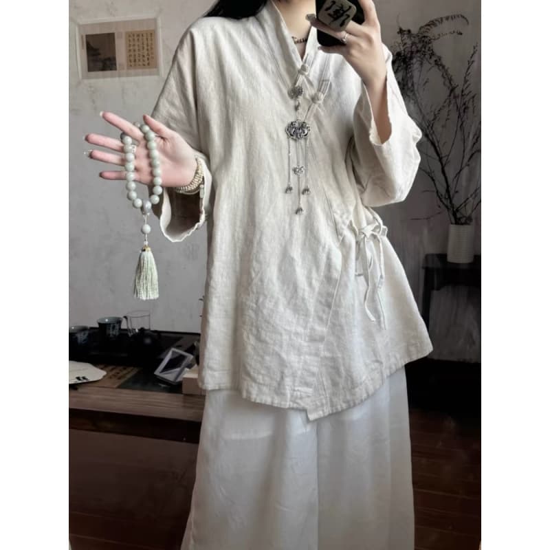2025 Cotton Linen New Chinese Zen Tea Dress Tie-Front Top, Chinese-Style Mid-Length Cotton Linen Shirt