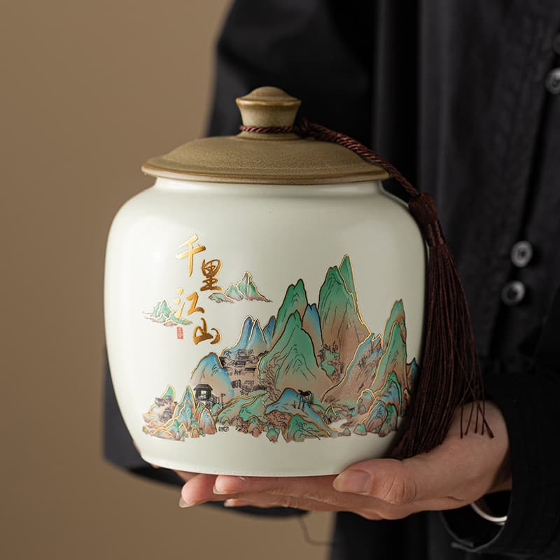 Thousand Miles of Rivers and Mountains tea caddy, ceramic large-capacity tea storage sealed empty jar for Pu'er, black, and green tea