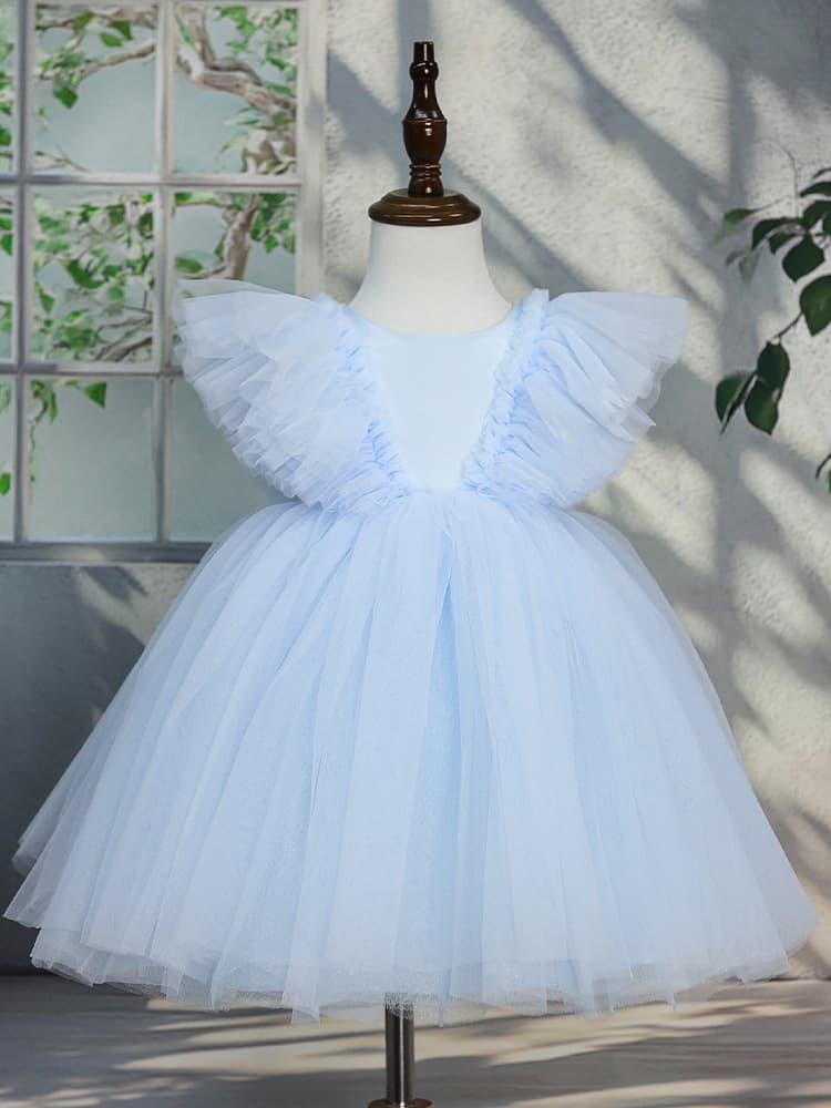 Cross-border Formal Dress with Flutter Sleeves, Puffy Princess Tutu Dress, Flower Girl Mini Wedding Gown, Girls' Holiday Performance Costume, Plain Dress Wholesale