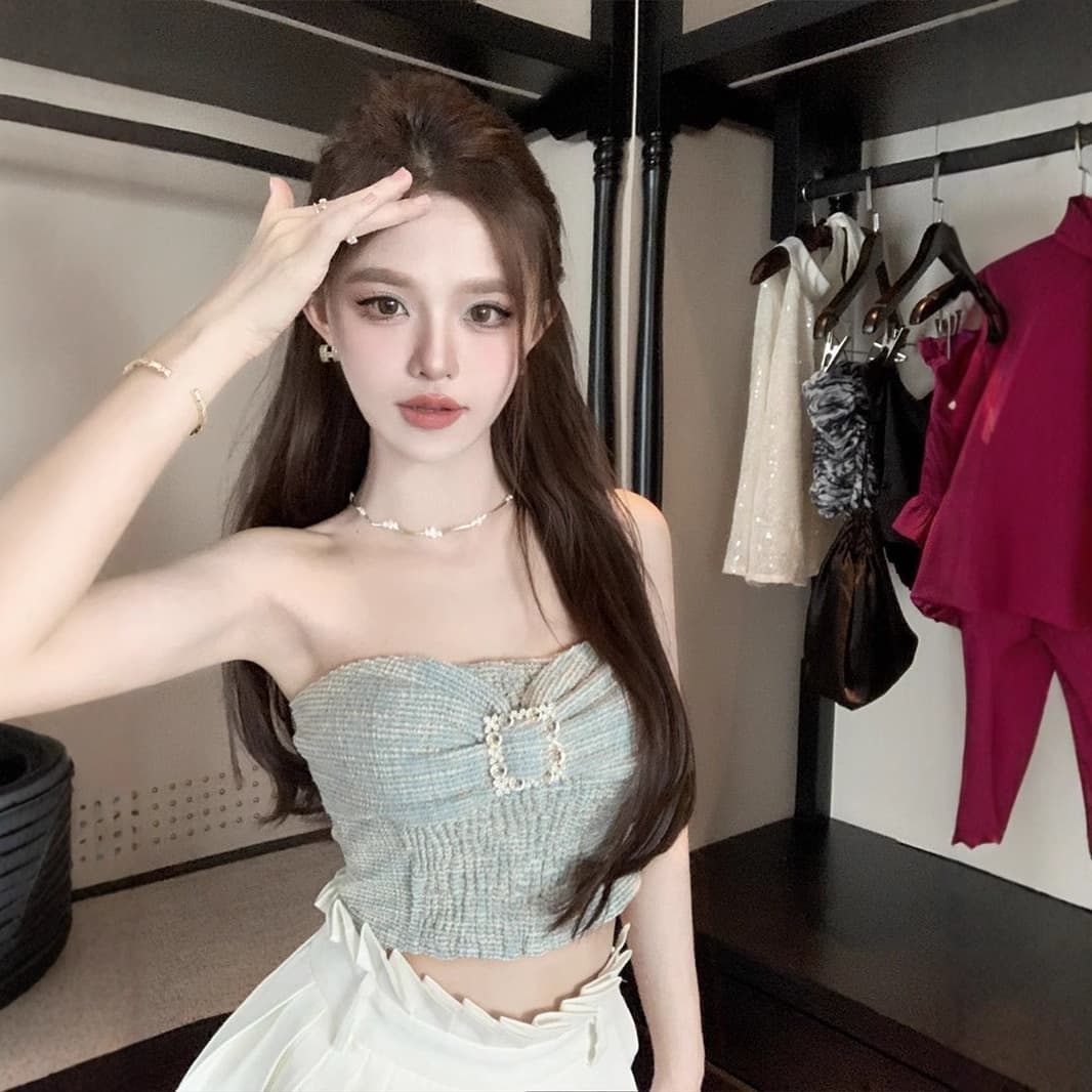 Chanel-style Rhinestone Ruffle Strapless Top for Women Summer Unique Stunning Chic Backless Short Top