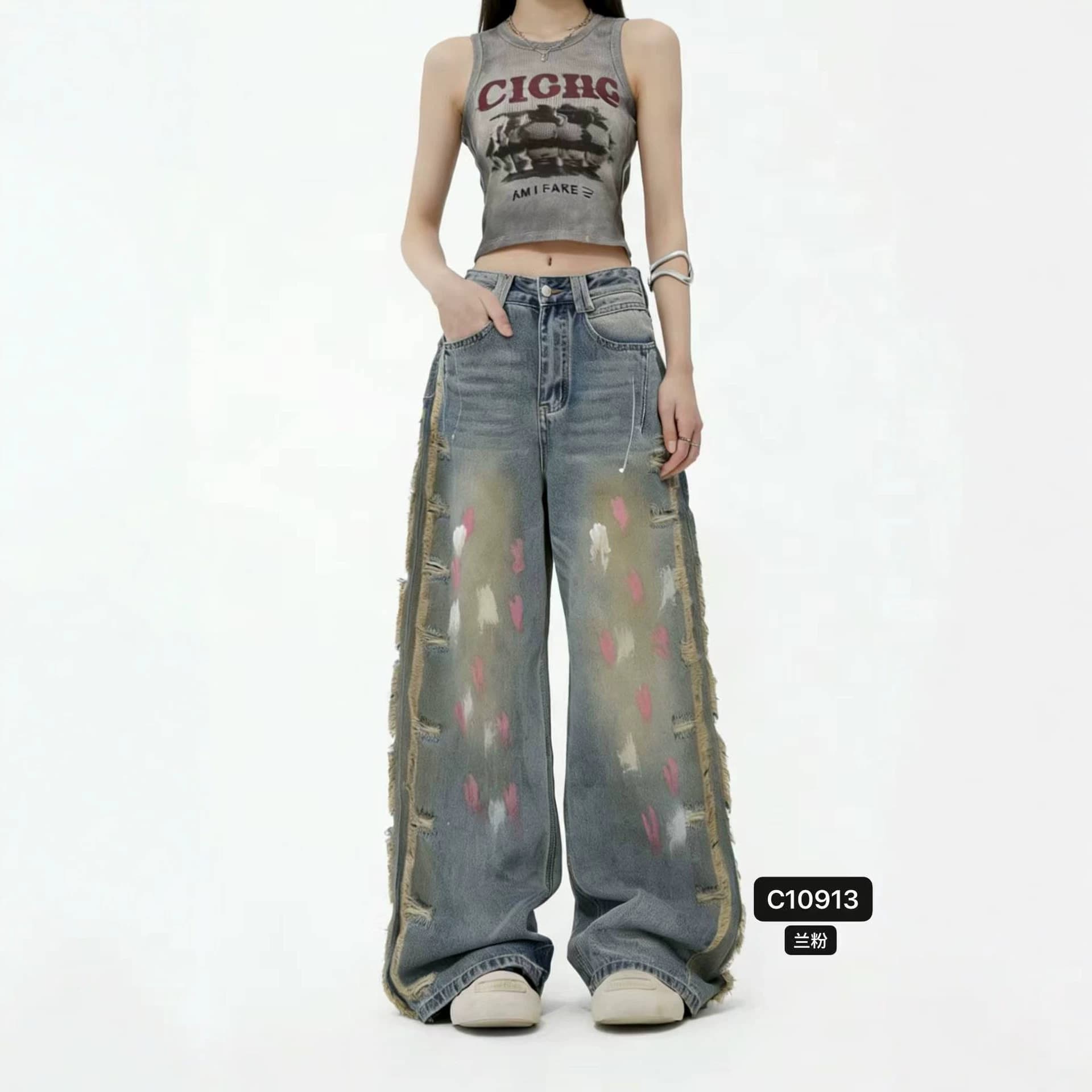 Slim and versatile wide-leg pants, fashionable and trendy women's loose jeans, high-waisted painted graffiti fashionable and trendy trousers
