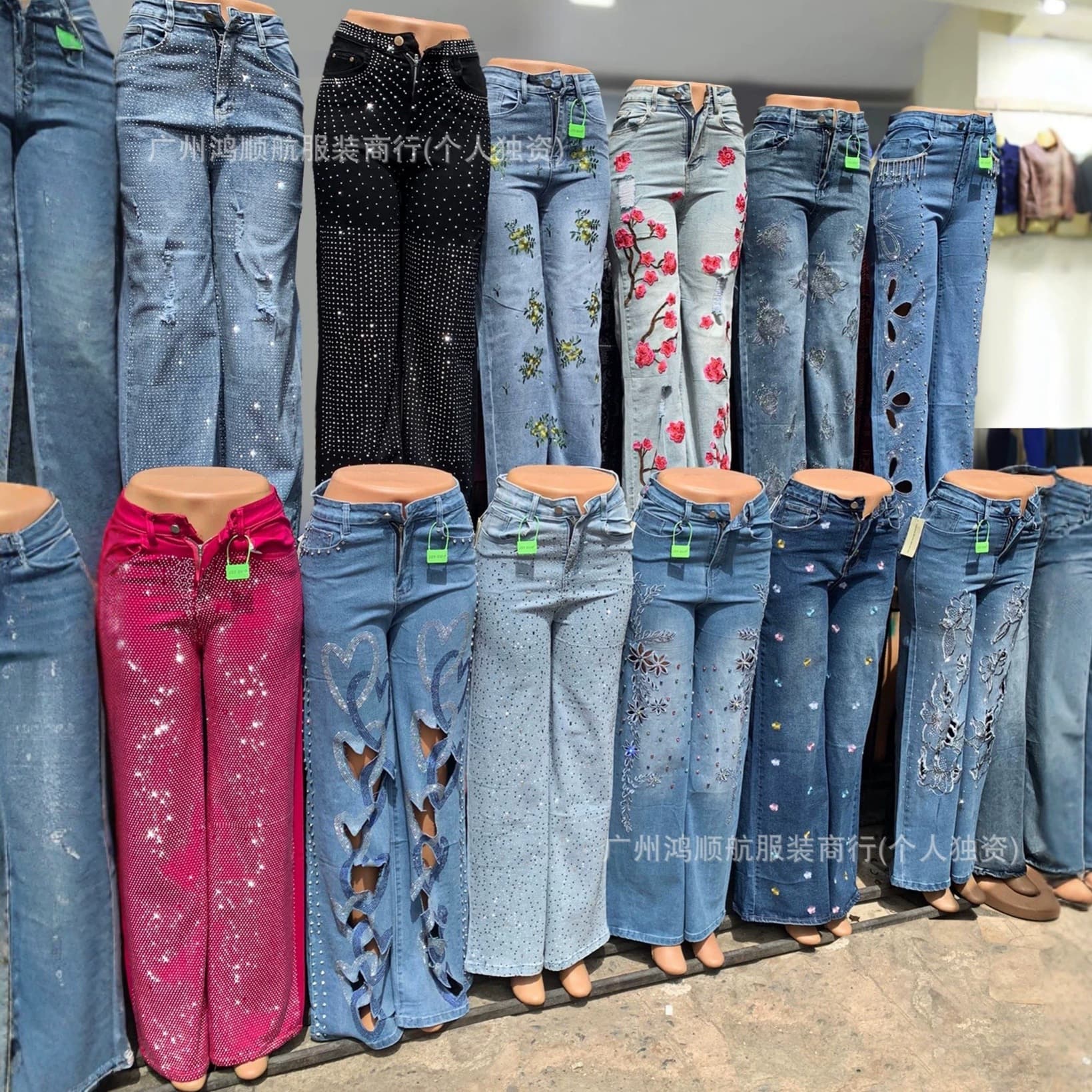 Cargo Jeans Women Rhinestone Boyfriend Jeans Wide Leg Pants Women In Stock Wholesale