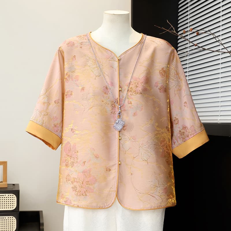 Qiao Yaying new Chinese style mother's top 2026 new summer thin jacket jacquard middle-aged and elderly women's shirt