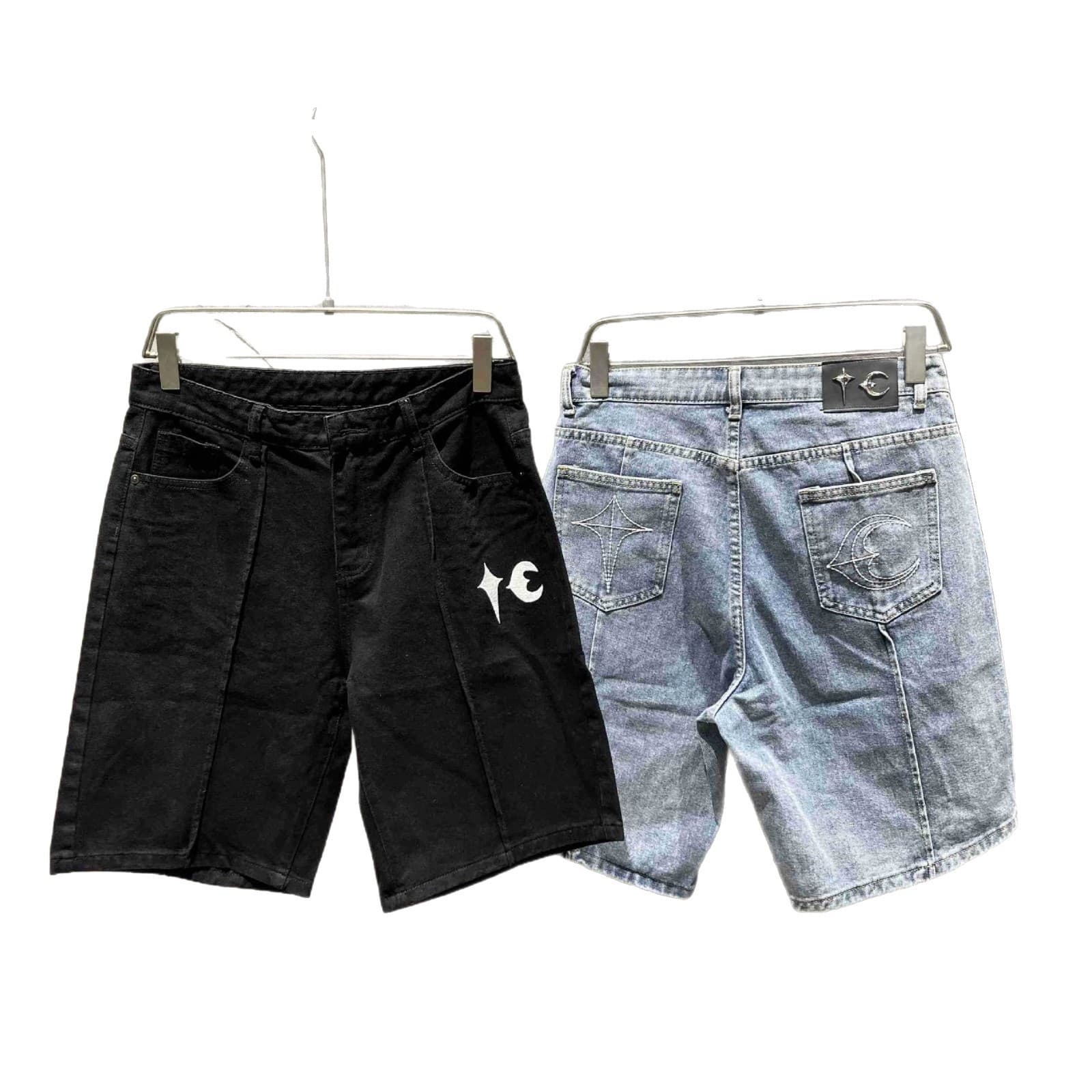 THUG CLUB JORTS Star Moon Embroidery Metal Shorts Men High Street Hip Hop Casual Five-Point Denim Cross-Border