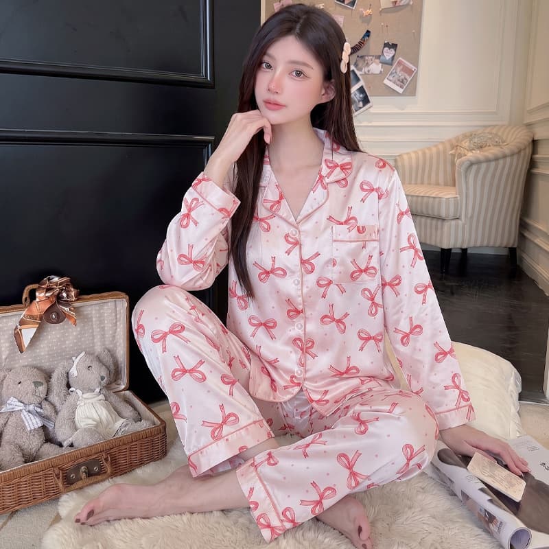 Polka Dot Bow Fairy Style Ice Silk Pajamas for Women Spring/Autumn New Long-Sleeve Premium Homewear Set Wholesale