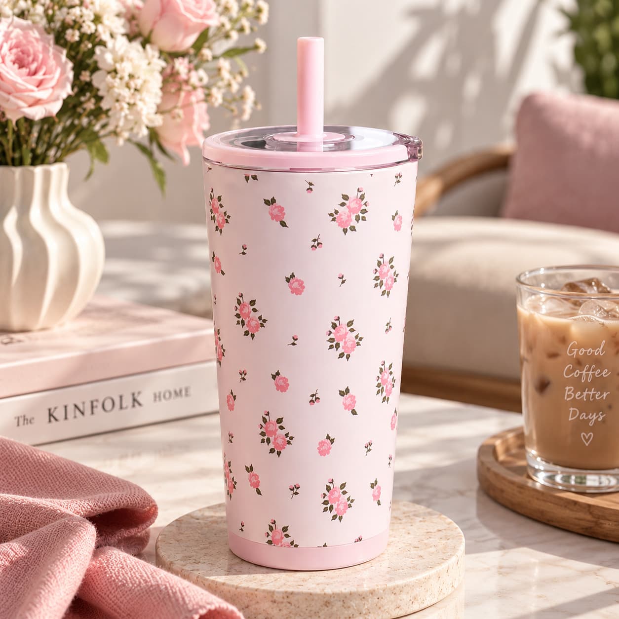 Cross-border High-appearance 304 Stainless Steel Insulated Cup Straw Coffee Cup Double-layer Leak-proof Vacuum Gift Water Cup