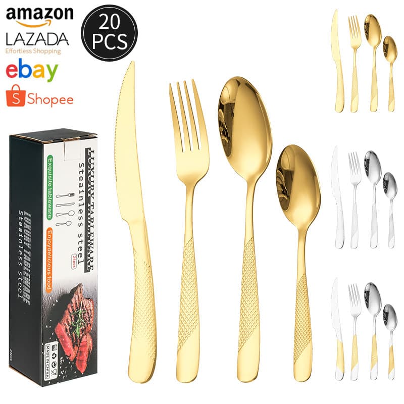 Cross-border Hot-selling Star Brick Knife Fork Spoon Tableware Star Brick Series Set Western Tableware 24-Piece Set Knife Fork Golden Spoon
