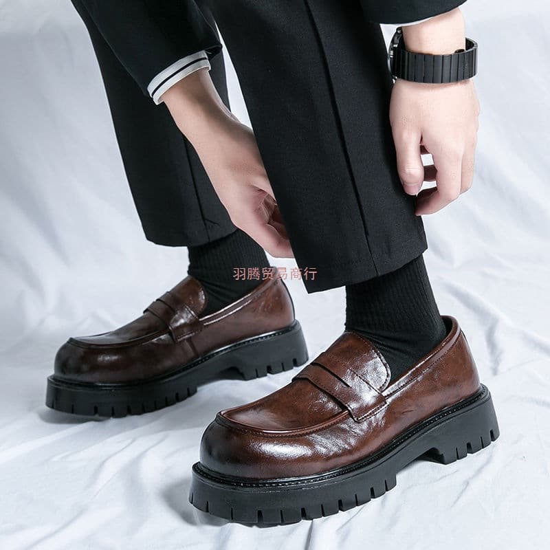 Men's leather shoes, business casual slip-on loafers, Korean style, thick-soled, breathable derby shoes