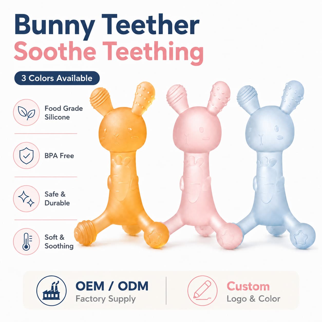 Food Grade Bunny Teether Soothe Teething 3 Colors Available